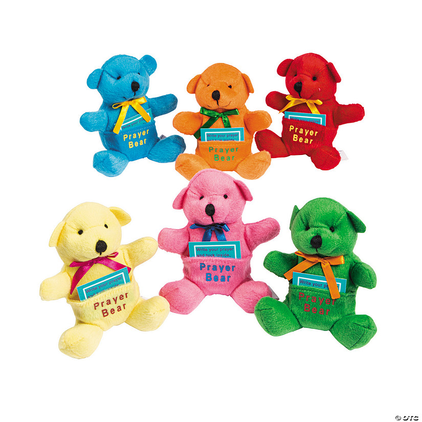 4 1/2" Brightly Colored Prayer Stuffed Bears with Prayer Card - 12 Pc. Image