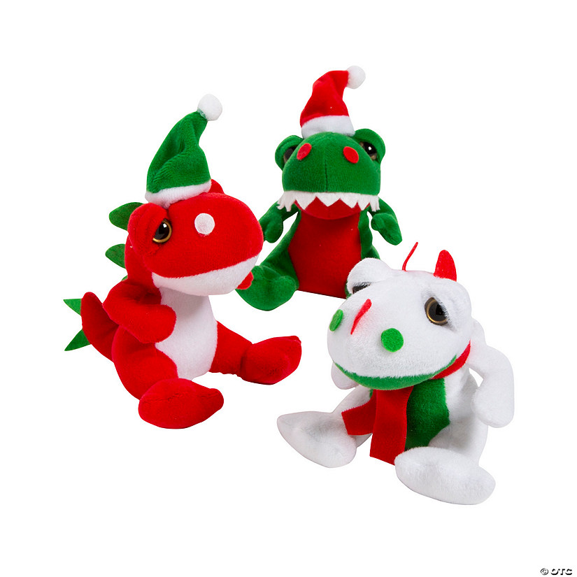 4 1/2" Christmas Red, Green & White Stuffed Dinosaurs with Hat & Scarf - 12 Pc. Image