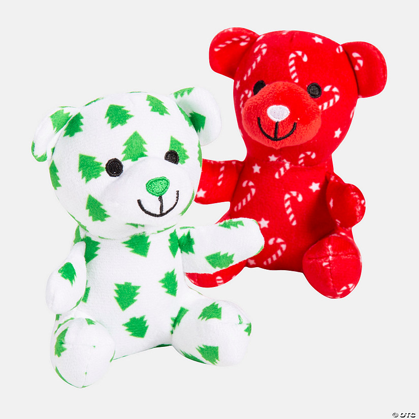 4 1/2" Christmas Tree & Candy Cane Print Stuffed Teddy Bears - 12 Pc. Image