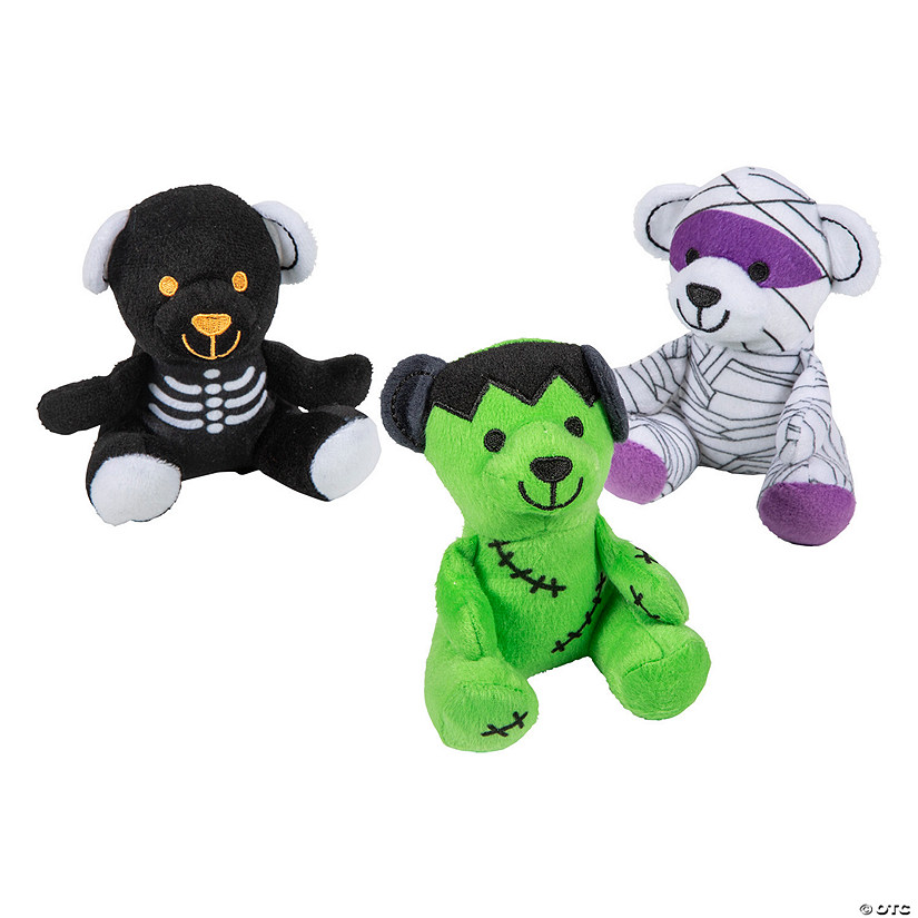 4 1/2" Halloween Skeleton, Mummy & Frankenstein Stuffed Bears - 12 Pc. Image