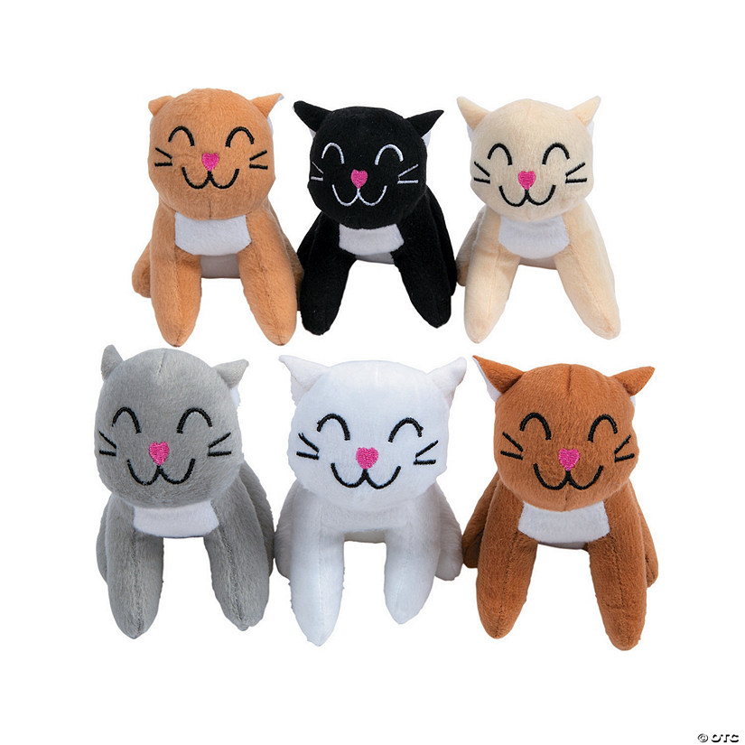 4 1/2" Smiling Black, Tan, White, Grey & Brown Stuffed Cats - 12 Pc. Image