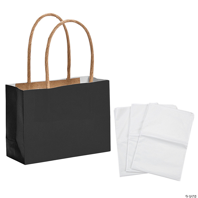4 1/2" x 3 1/4" Mini Black Kraft Paper Gift Bags & Tissue Paper Kit for 12 Image