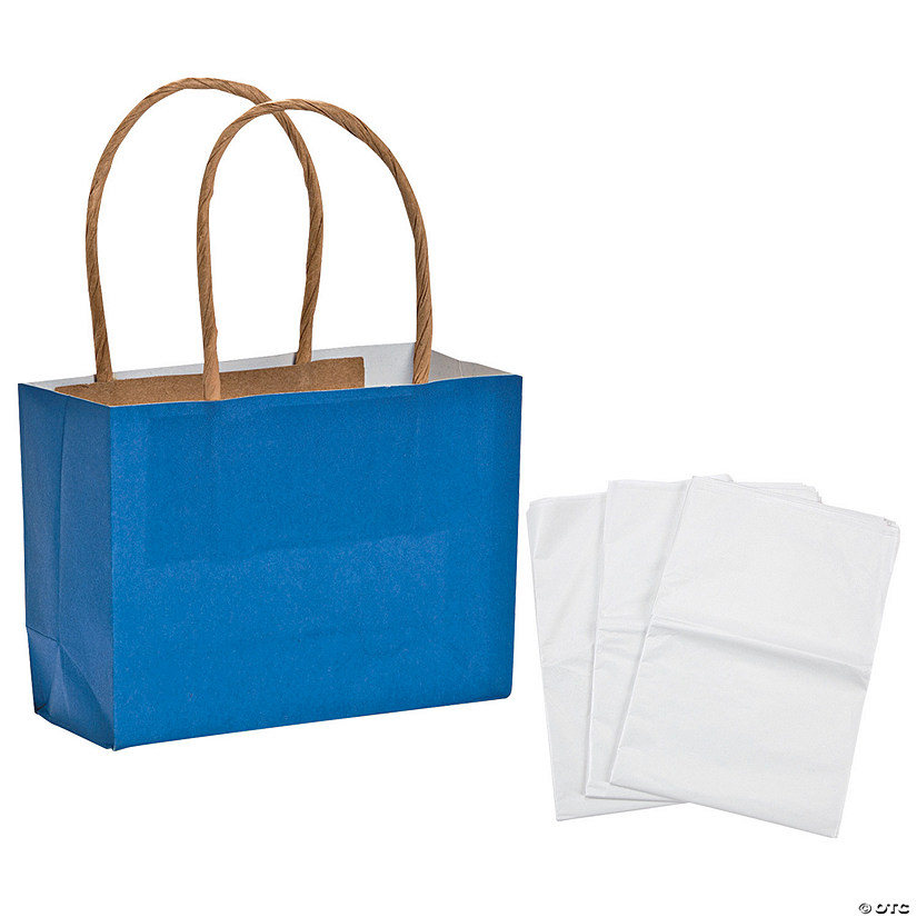 4 1/2" x 3 1/4" Mini Blue Kraft Paper Gift Bags & Tissue Paper Kit - 72 Pc. Image