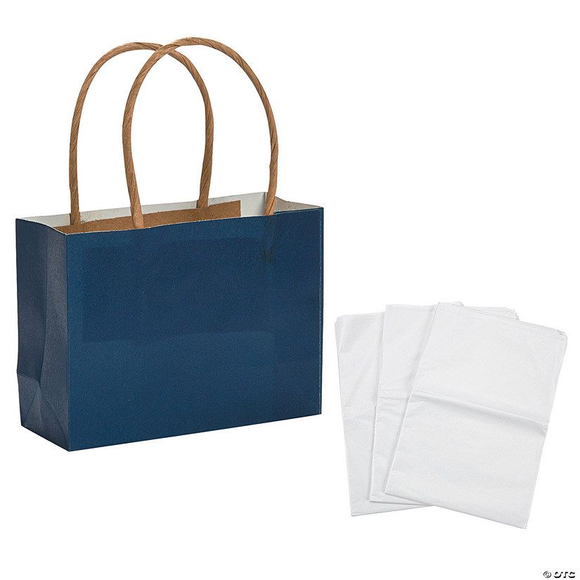 4 1/2" x 3 1/4" Mini Navy Kraft Paper Gift Bags & Tissue Paper Kit for 12 Image