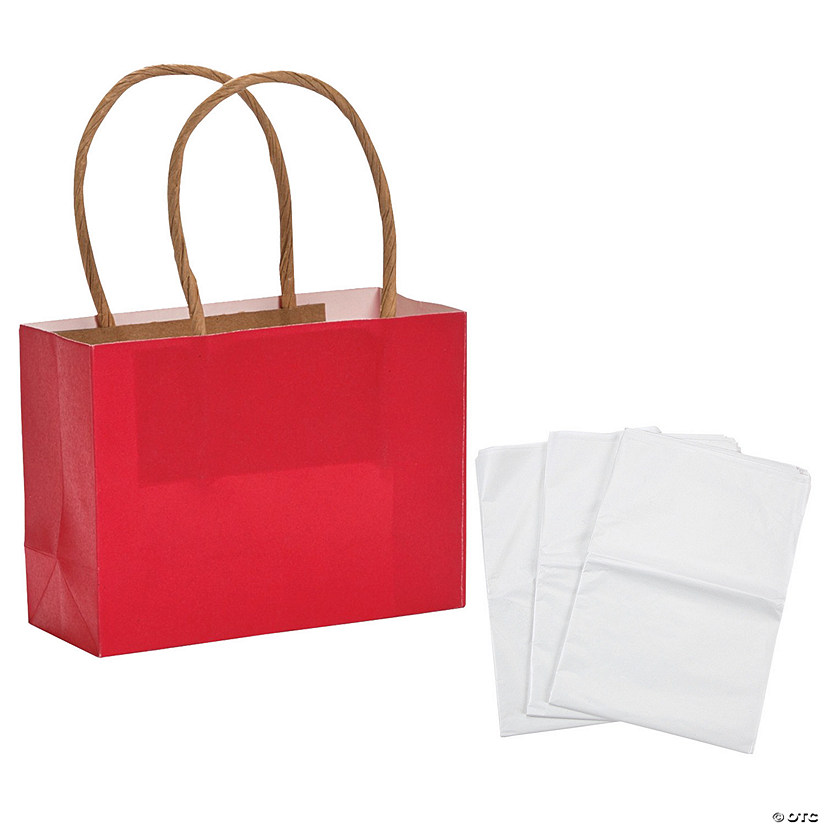 4 1/2" x 3 1/4" Mini Red Kraft Paper Gift Bags & Tissue Paper Kit for 12 Image