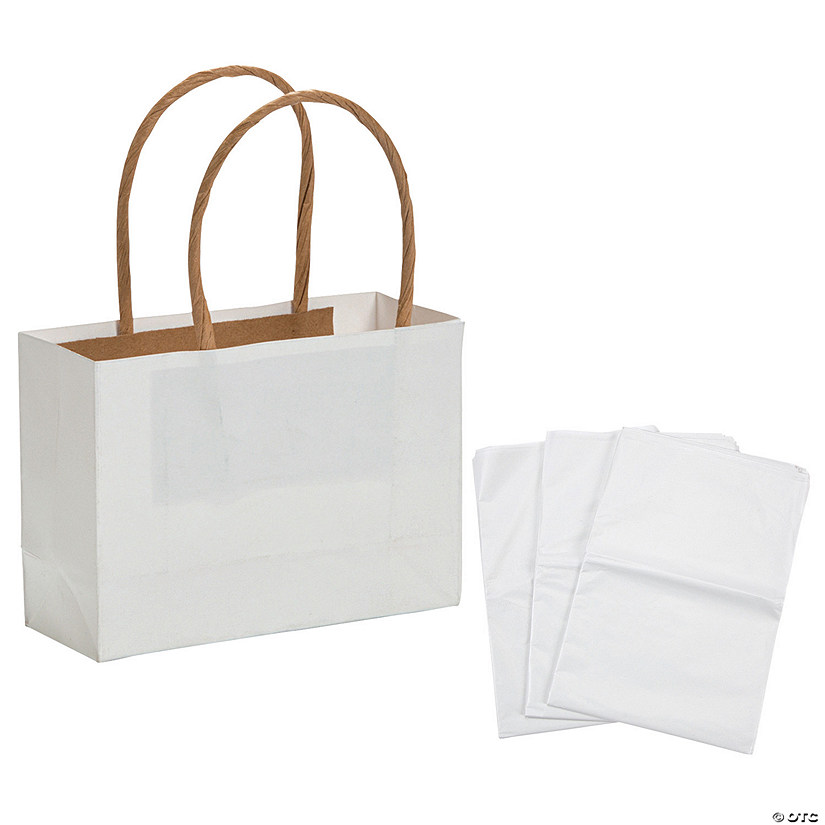 4 1/2" x 3 1/4" Mini White Kraft Paper Gift Bags & Tissue Paper Kit - 72 Pc. Image