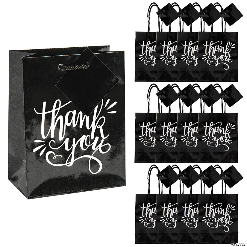 4 1/2" x 5 1/2" Small Black & White Thank You Paper Gift Bags with Tags - 12 Pc. Image