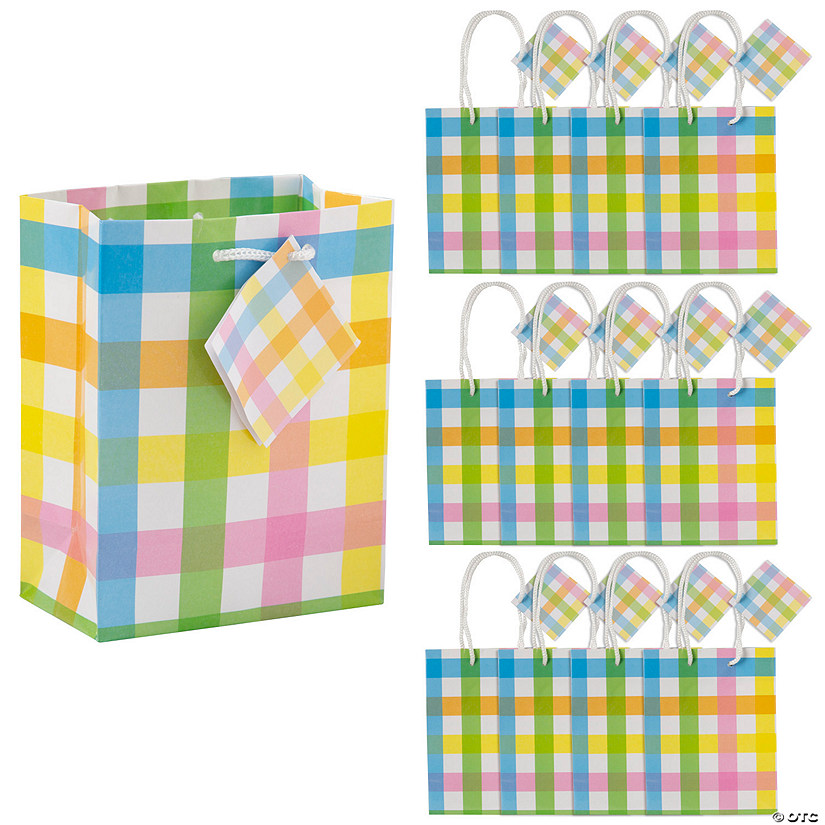 4 1/2" x 5 1/2" Small Pastel Gingham Paper Gift Bags with Tags - 12 Pc. Image