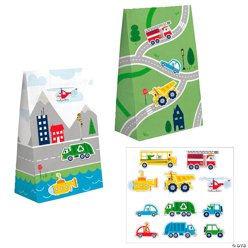 4 1/2" x 8" Transportation Time Paper Favor Bags with Vehicle Stickers - 8 Pc. Image
