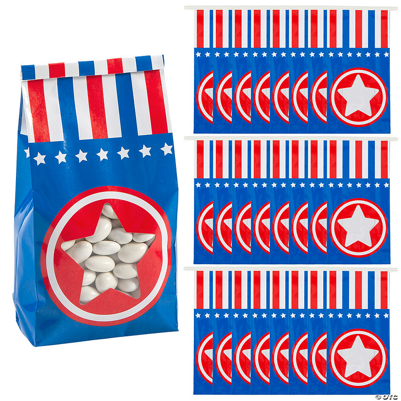 4 1/2" x 9" Patriotic Tin Tie Paper Treat Bags with Star Window - 24 Pc. Image