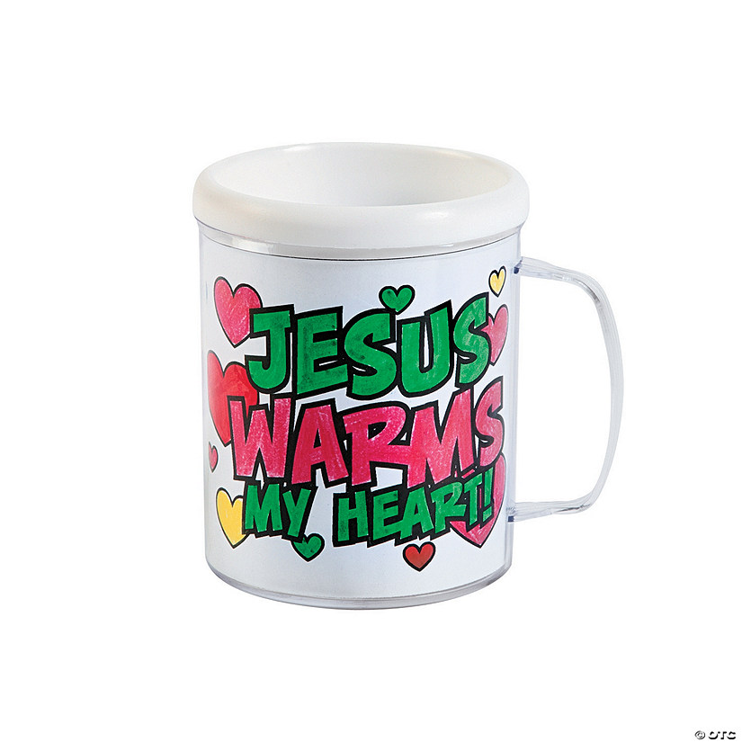 4 1/4" 8 oz. Color Your Own Jesus Warms the Heart Reusable BPA-Free Plastic Mugs - 12 Ct. Image