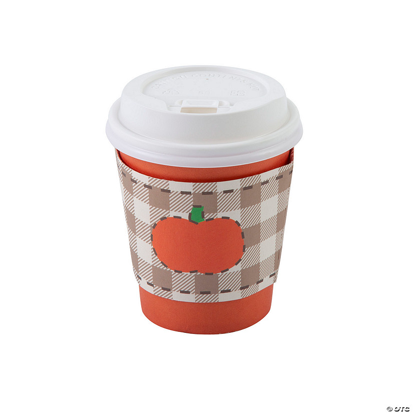 4 1/4" 9 oz. Plaid Pumpkin Coffee Cups with Lids & Sleeves - 12 Pc. Image