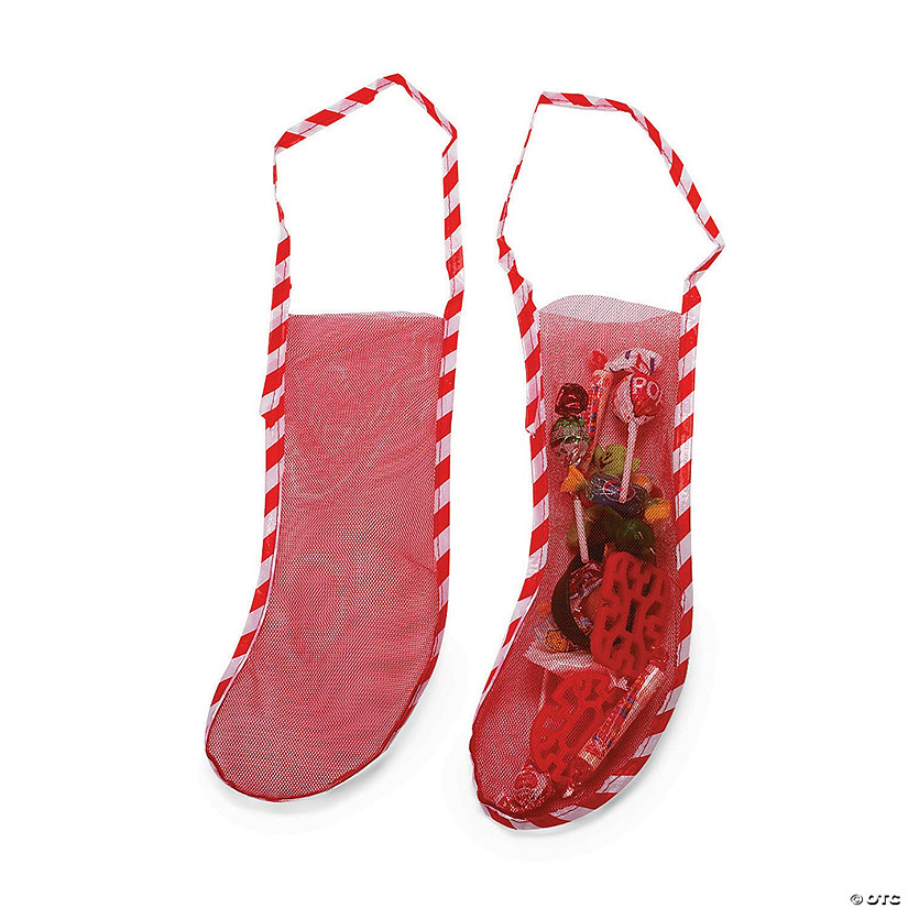 4 1/4" x 12" Red Mesh Christmas Stockings with Carry Strap - 10 Pc. Image