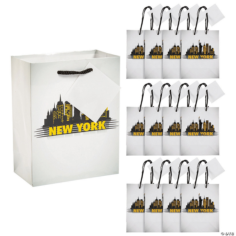 4 1/4" x 2 1/4" x 5 1/2" Small New York Paper Gift Bags with Tags - 12 Pc. Image