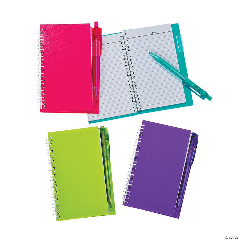 4 1/4" x 6" Neon Spiral Paper Notebook & Plastic Pen Sets - 12 Pc. Image