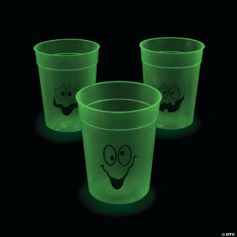 4" 10 oz. Glow-in-the-Dark Spooky Face Halloween Reusable BPA-Free Plastic Cups - 12 Ct. Image