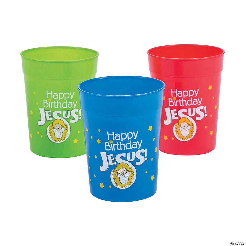 4" 10 oz. Happy Birthday Jesus Stars & Manger Reusable BPA-Free Plastic Cups - 12 Ct. Image