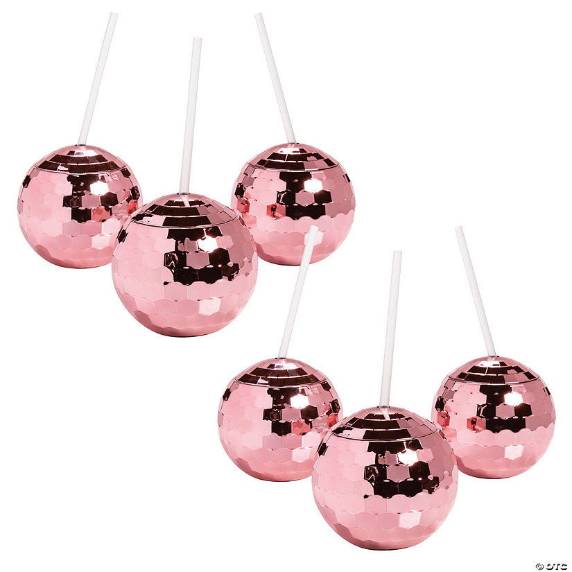 4&quot; 20 oz. Bulk 18 Ct. Pink Disco Ball-Shaped Reusable Plastic Cups with Lids &amp; Straws  Image