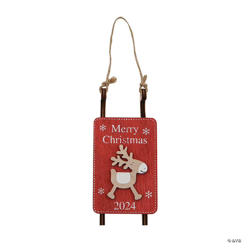 4 3/4" 2024 3D Merry Christmas Sled with Reindeer Wooden Ornament 12 Pc.