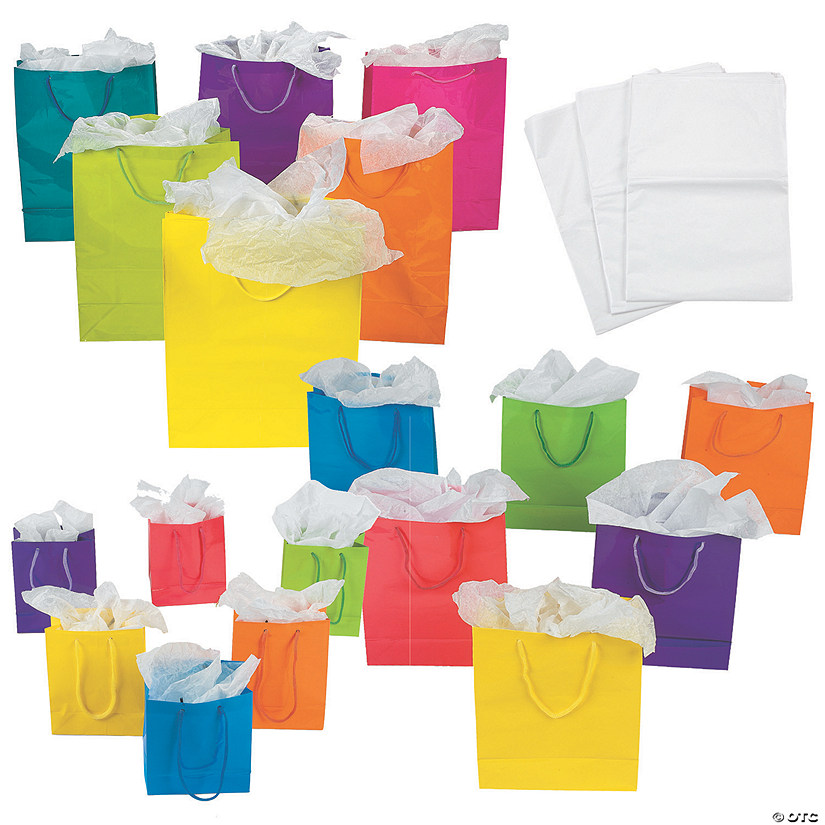 4 3/8" - 10 1/2" x 5 1/2" - 13" Bulk 156 Pc. Small, Medium & Large Neon Paper Gift Bags & White Tissue Paper Kit - 156 Pc. Image