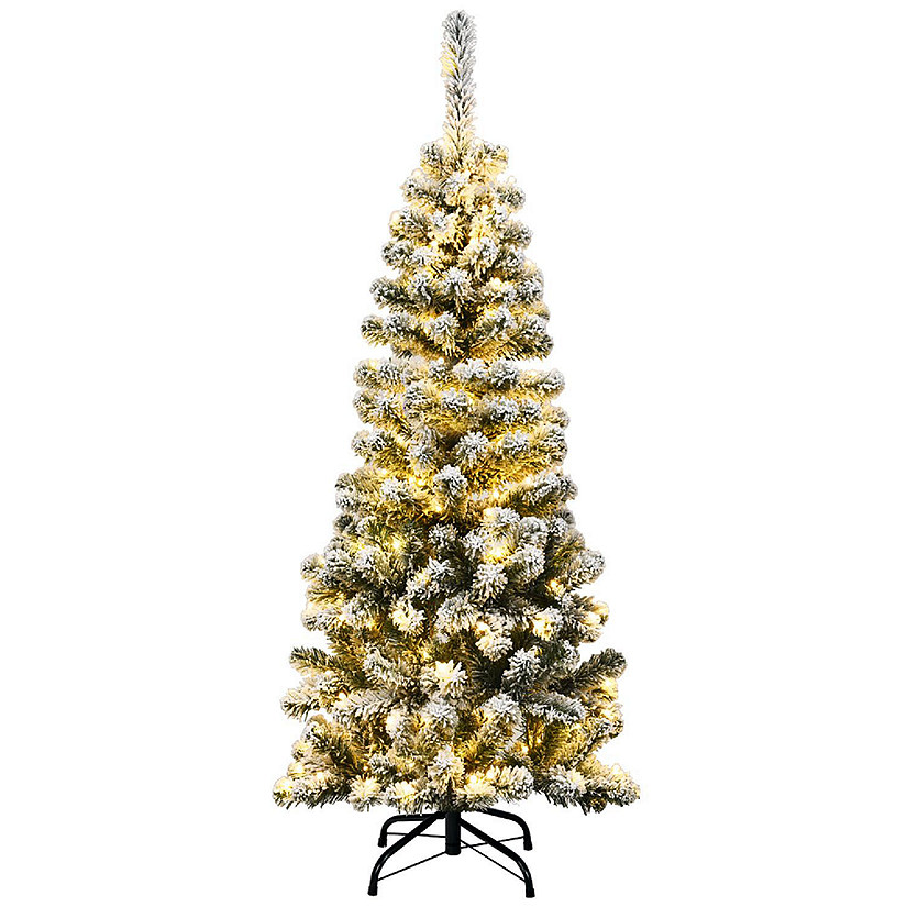 4.5Ft Pre-lit Snow Flocked Artificial Pencil Christmas Pine Tree w/150 LED Light Image