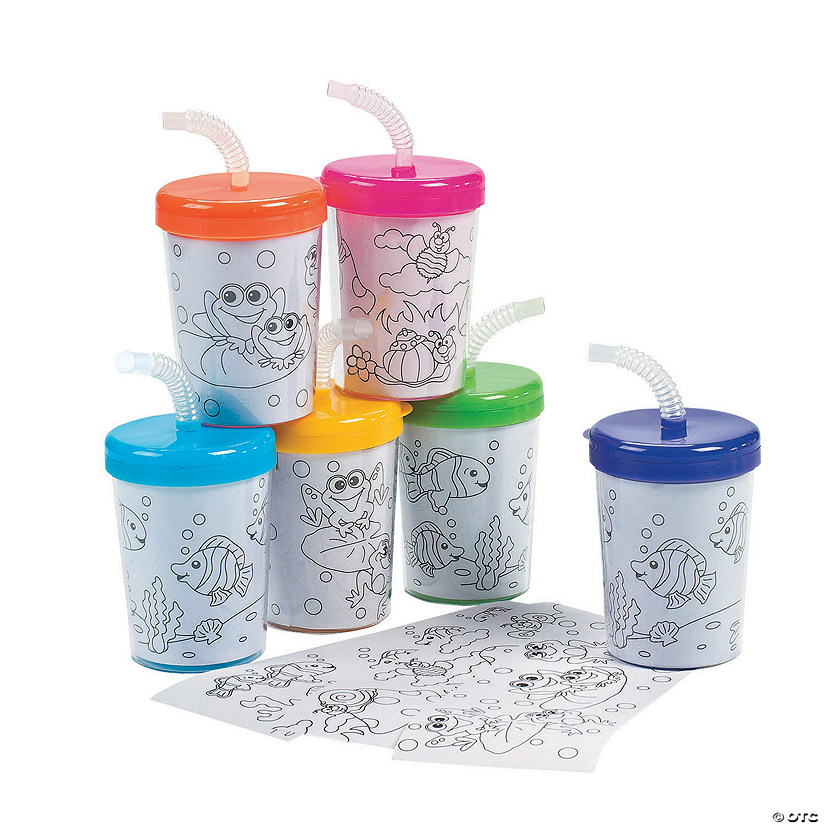 4" 6 oz. Color Your Own Animals BPA-Free Plastic Cups with Lids & Straws - 12 Ct. Image