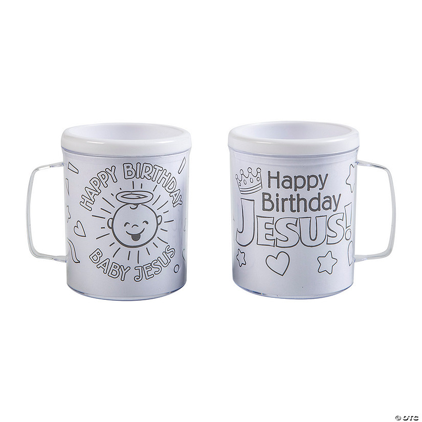 4" 8 oz. Color Your Own Happy Birthday Jesus Reusable BPA-Free Plastic Mugs - 12 Ct. Image