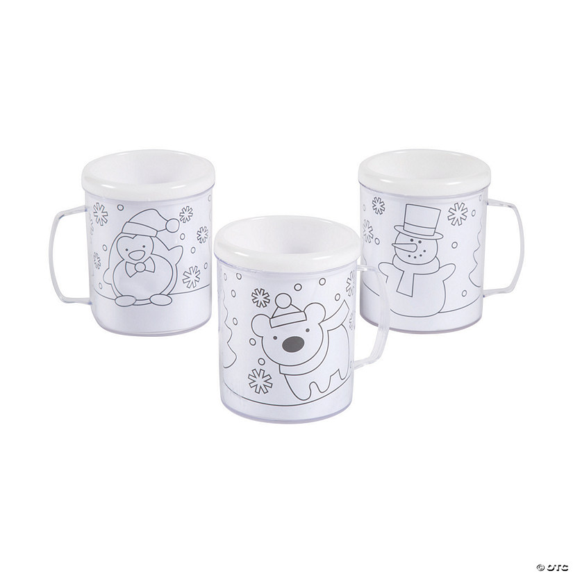 4" 8 oz. Color Your Own Winter Reusable BPA-Free Plastic Mugs - 12 Ct. Image