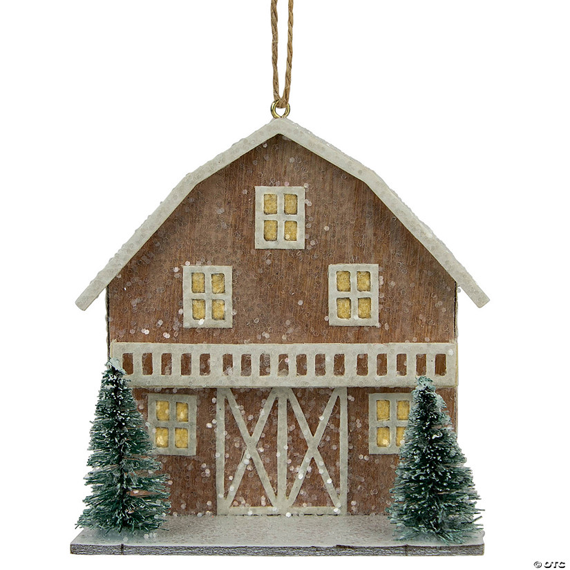 4" Battery Operated Lighted Rustic House with Trees Christmas Ornament Image