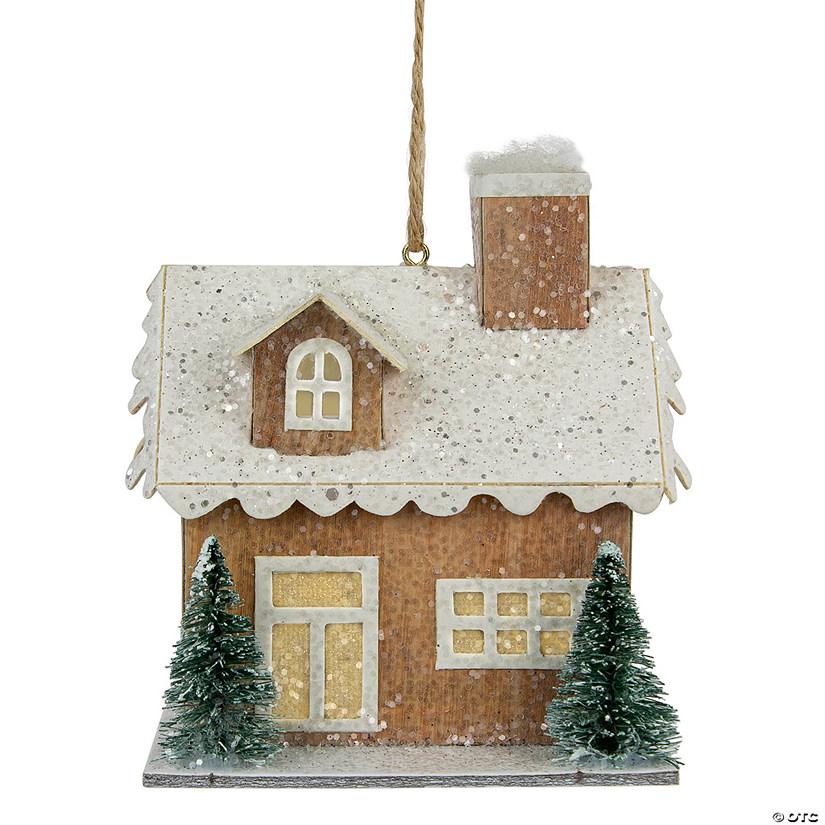 4" Battery Operated Tan Brown and White Lighted House Christmas Ornament Image