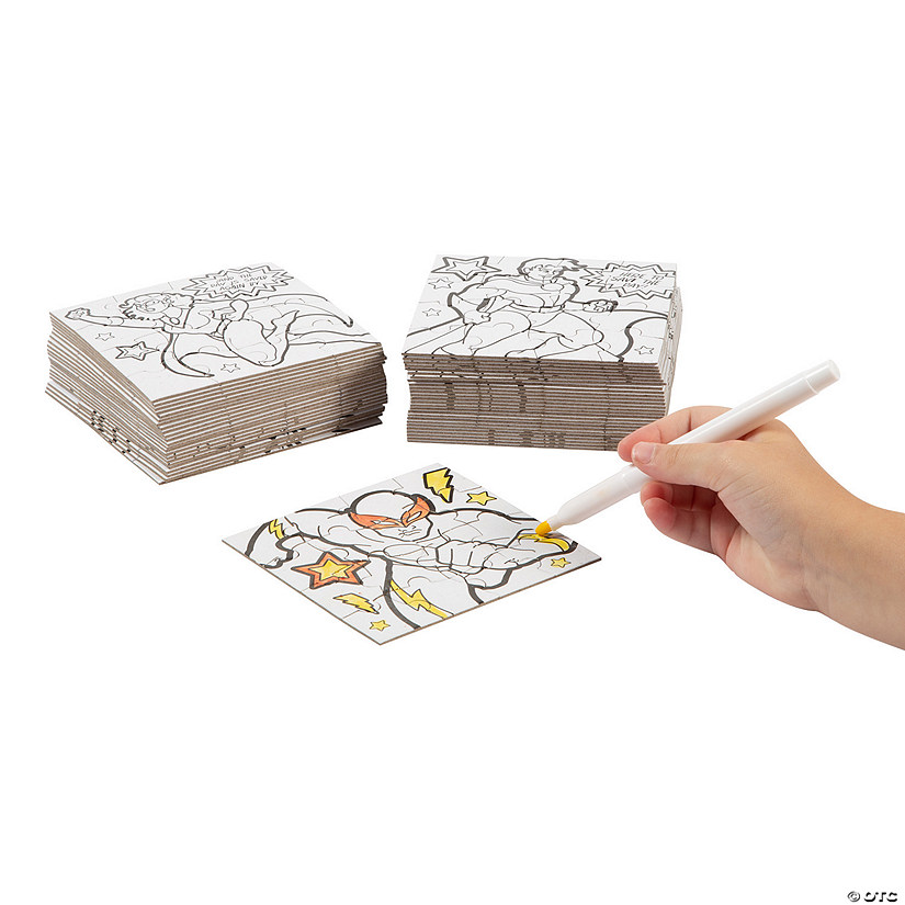 4" Bulk 50 Pc. Color Your Own Superhero Mini Cardboard Jigsaw Puzzles Image