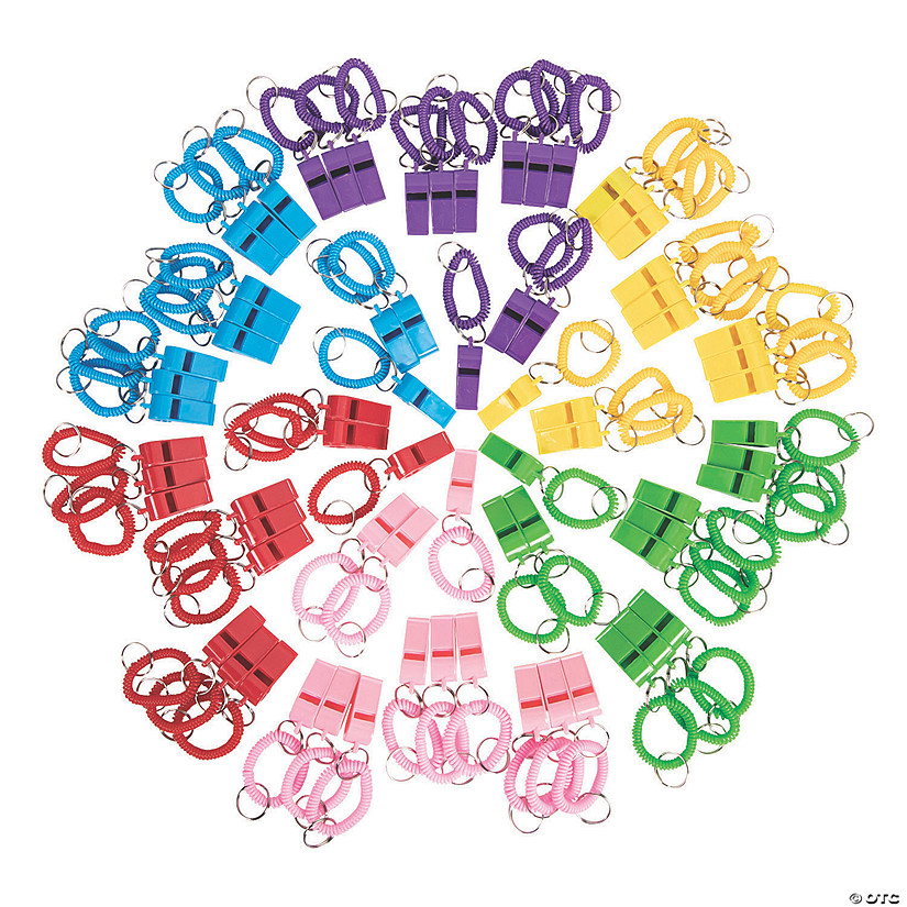 4" Bulk 72 Pc. Classic Solid Color Plastic Whistle  Keychains with Coil Wristbands Image