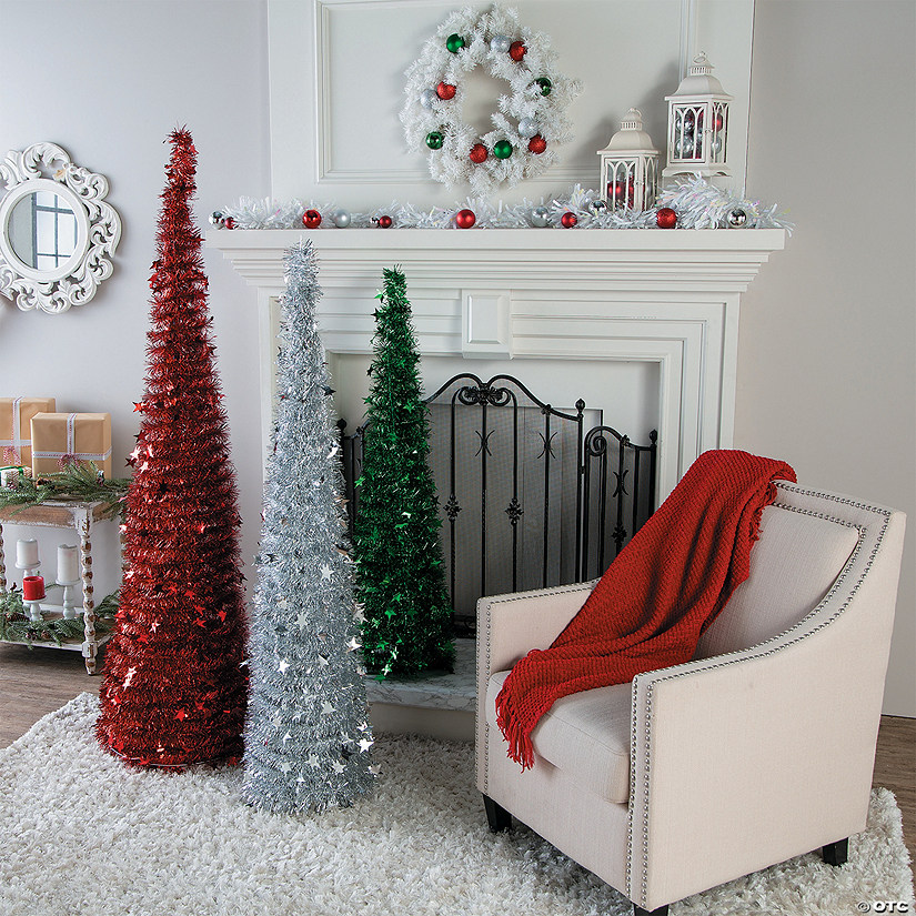 4 Ft. - 6 Ft. Collapsible Red, White & Green Tinsel Christmas Tree Set - 3 Pc. Image