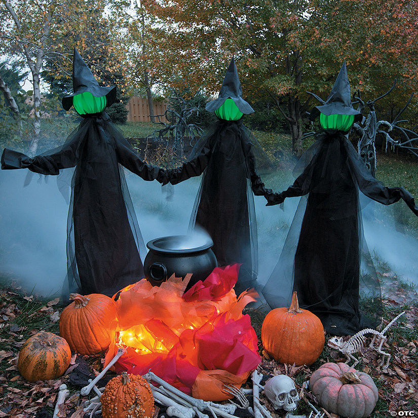 4 Ft. 11" x 5 Ft. 11" Glowing Face Witch Standing Halloween Outdoor Decoration Set - 3 Pc. Image