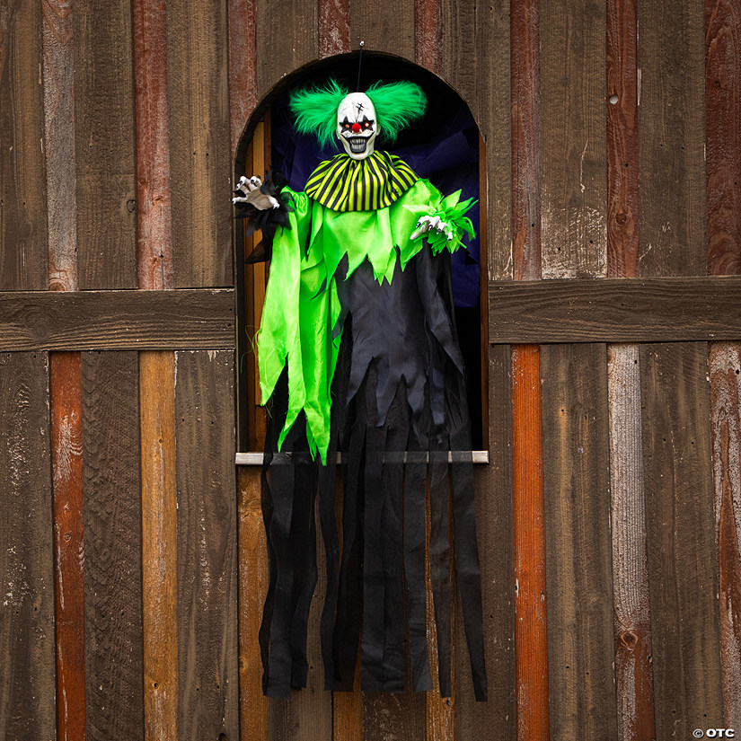 4 Ft. Hanging Green & Black Clown Animated Prop Halloween Decoration Image