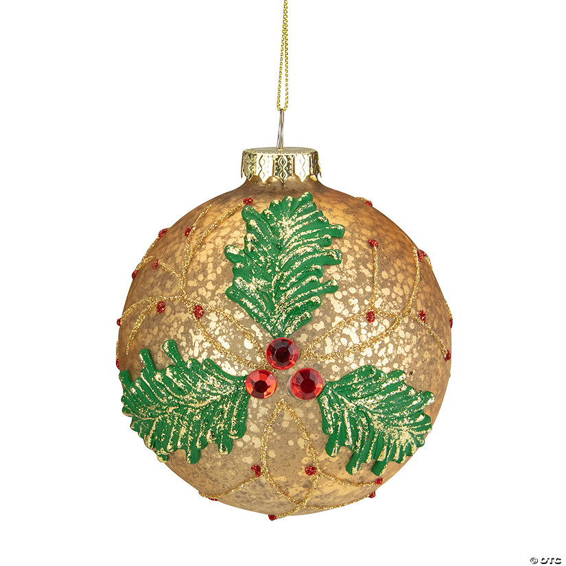 4" Gold Holly Berry Mercury Glass Ball Christmas Ornament Image