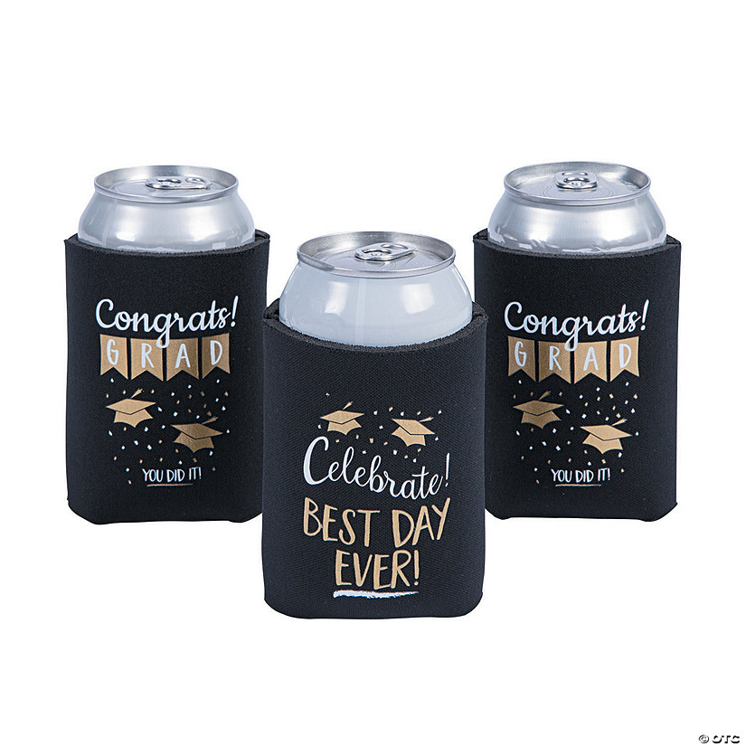 4" Graduation Best Day Ever Black & Gold Foam Can Coolers - 12 Pc. Image