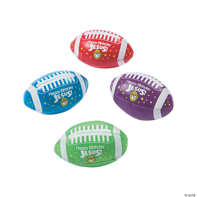 4" Mini Happy Birthday Jesus Blue, Red, Purple & Green Foam Footballs - 12 Pc. Image