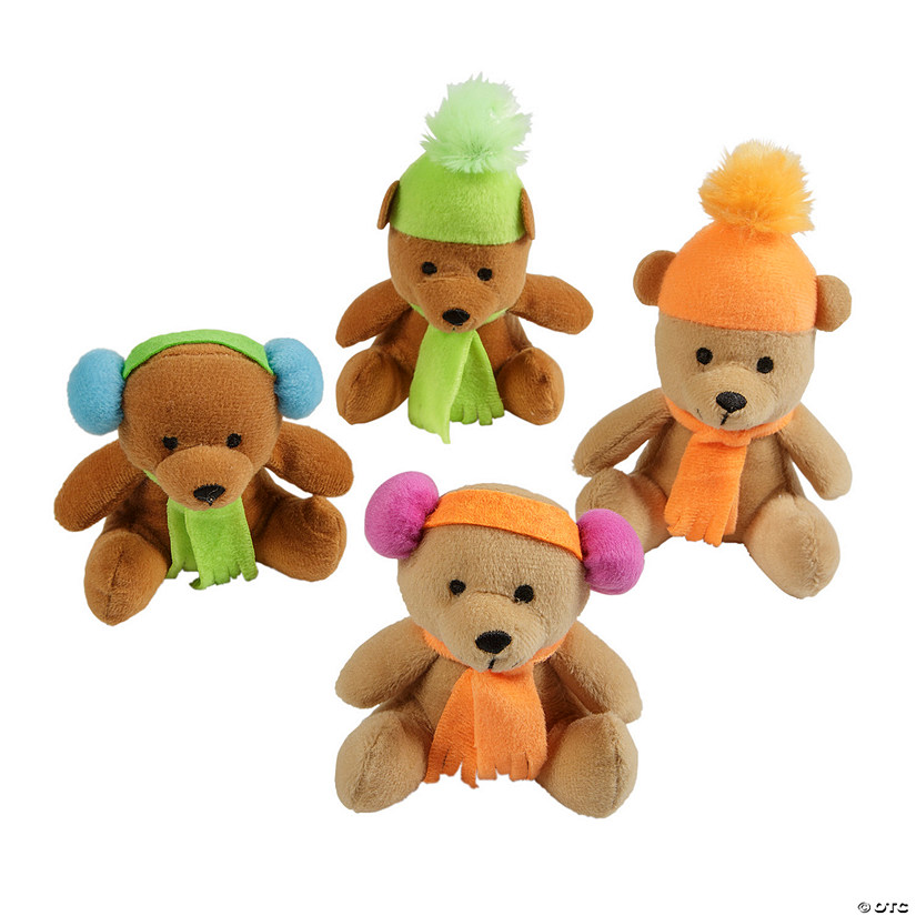 4" Mini Tan & Brown Stuffed Teddy Bears with Winter Hat & Scarf - 12 Pc. Image