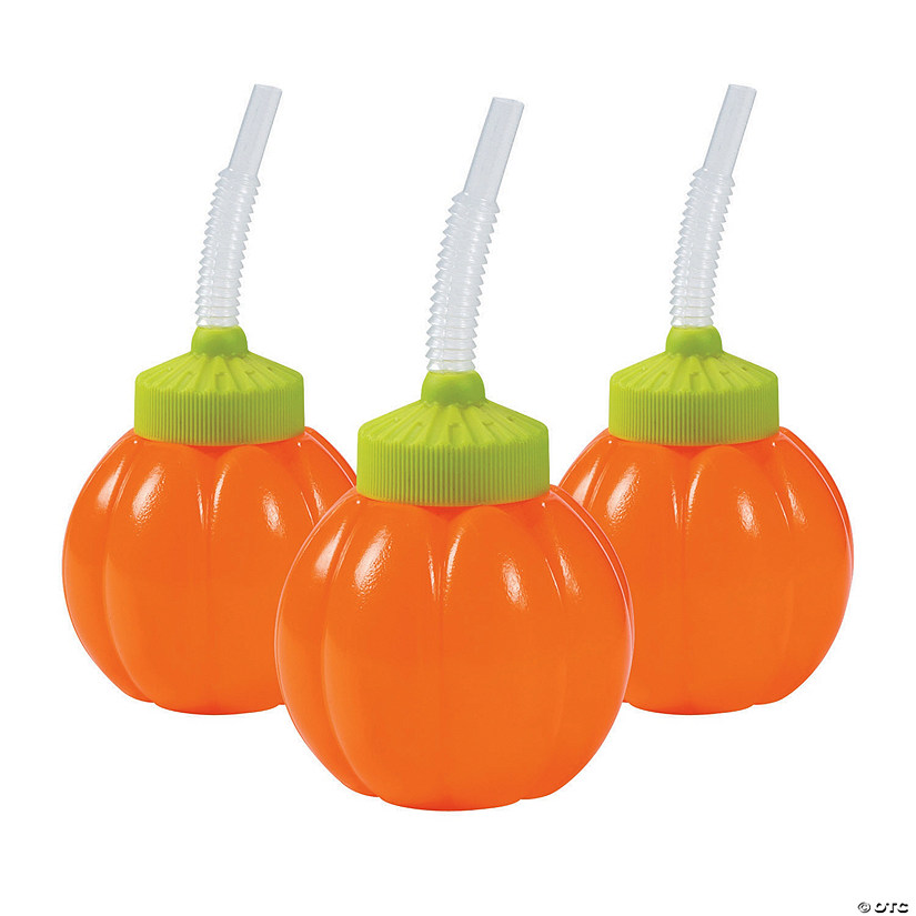4 oz. Lil&#8217; Pumpkin Reusable BPA-Free Plastic Cups with Lids & Straws - 12 Ct. Image