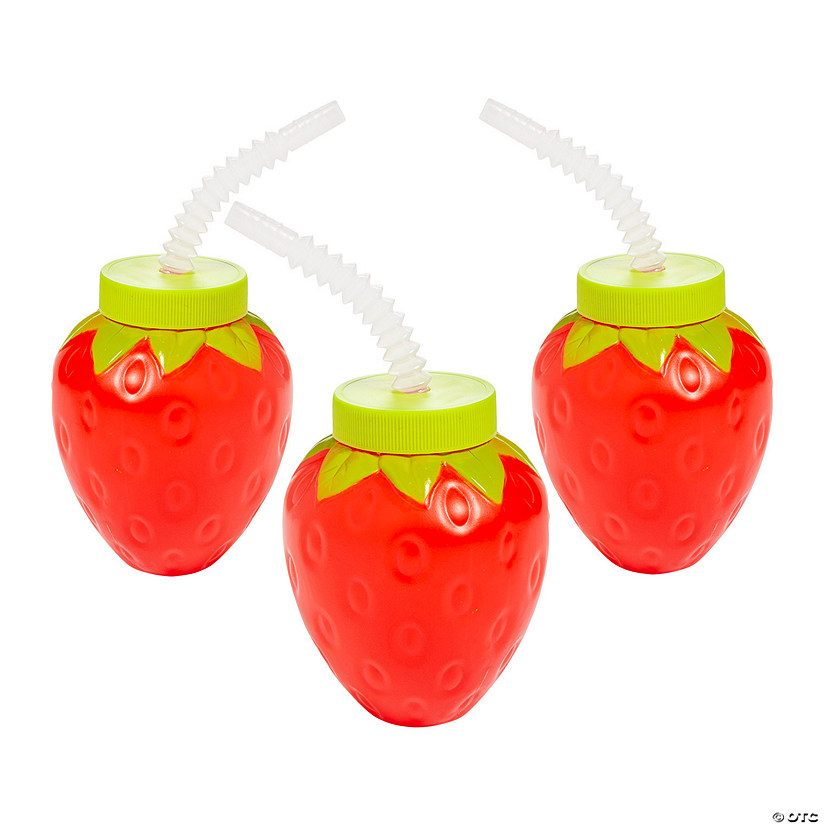 4 oz. Strawberry Molded Reusable BPA-Free Plastic Cups with Lids & Straws - 12 Ct. Image