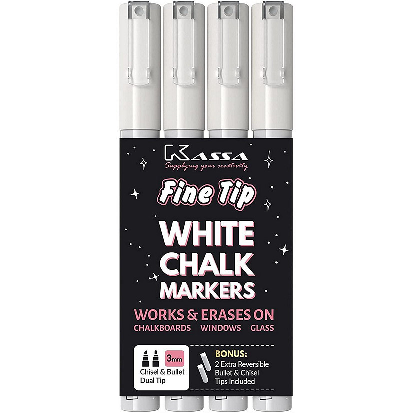 4-Pack Fine Tip White Chalk Markers - Includes 2 3mm Reversible Bullet, Chisel Tips - Works on Chalkboard, Blackboard Image