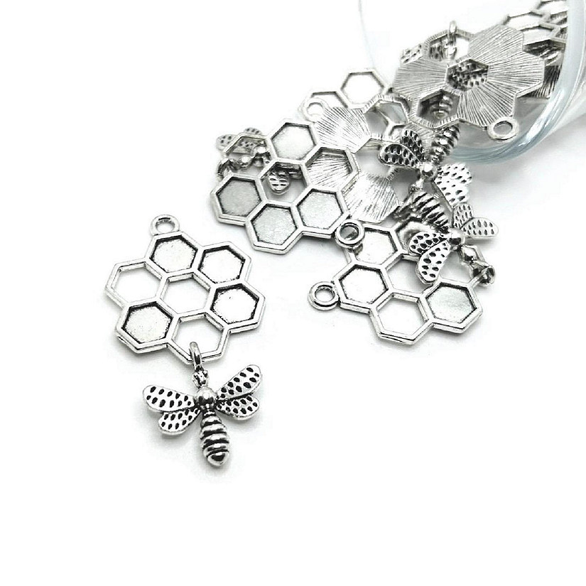 4 Pcs Honeycomb Charms with Hanging Bee Image