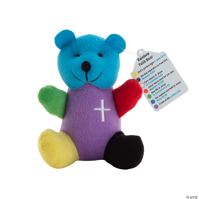 4" Religious Rainbow-Colored Stuffed Bears with Colors of Faith Tags - 12 Pc. Image