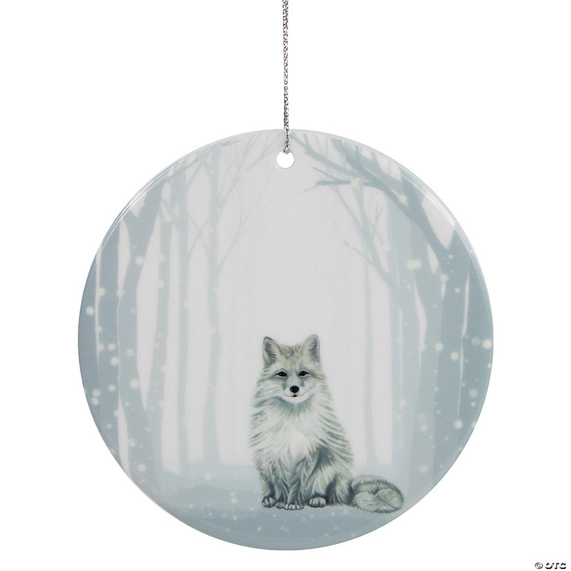 4" Silvery Blue Arctic Fox Porcelain Disc Christmas Ornament Image