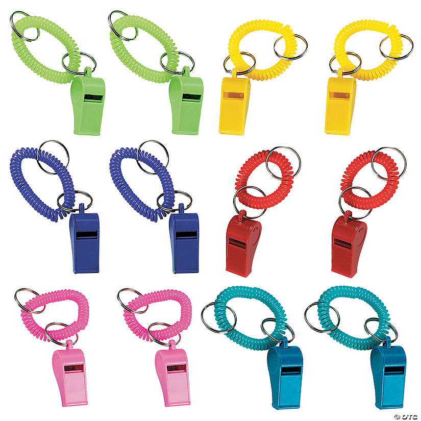 4" Solid Color Plastic Whistle with Stretchy Coil Keychains - 12 Pc. Image