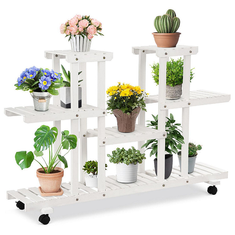4-Tier Rolling Flower Rack Wood Plant Stand Casters 12 Pots Bonsai Display Shelf Image