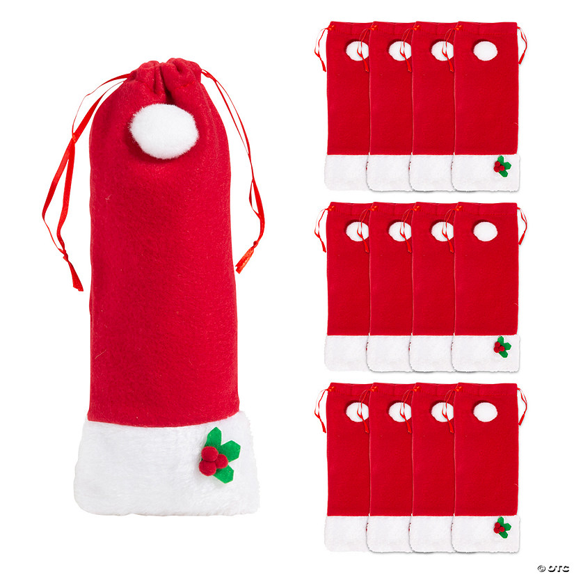 4" x 10" Medium Santa Hat Fleece Drawstring Treat Bags - 12 Pc. Image