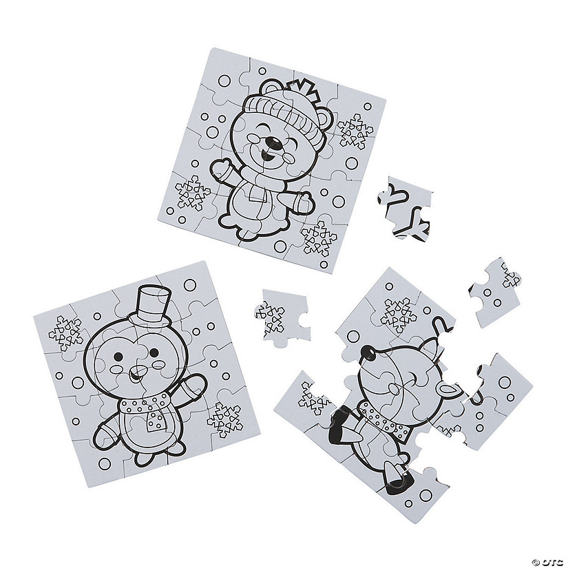 4" x 4" Bulk 50 Pc. Color Your Own Mini Cardboard Winter Jigsaw Puzzles Image