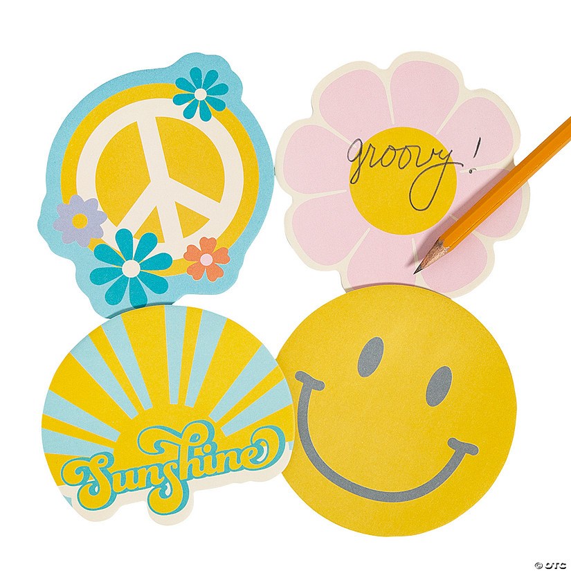 4" x 4" Groovy Party Flower, Smiley Face, Sunshine & Peace Sign Sticky Notes - 12 Pc. Image